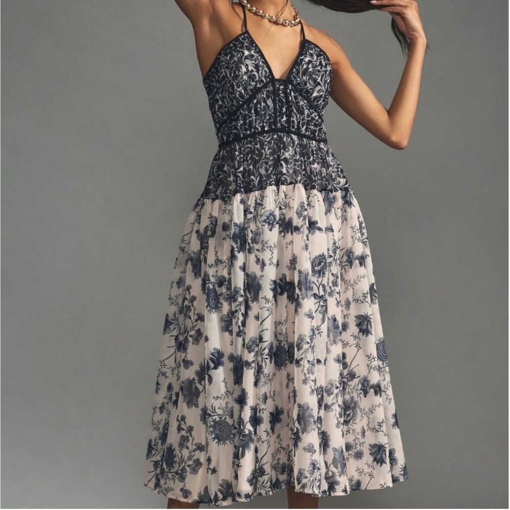 Anthropologie V-Neck Halter Dress LP floral garden party wedding whimsigoth